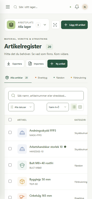Hyllras artikelregister på mobil med artikelbilder och lagersaldon