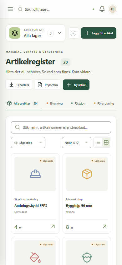 Hyllras mobilvy med artiklar som har lågt disponibelt lagersaldo
