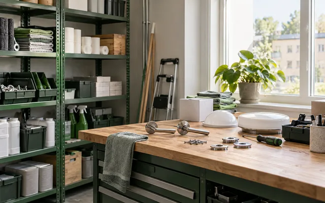 Serviceförråd för fastighetsskötsel med material och utrustning.