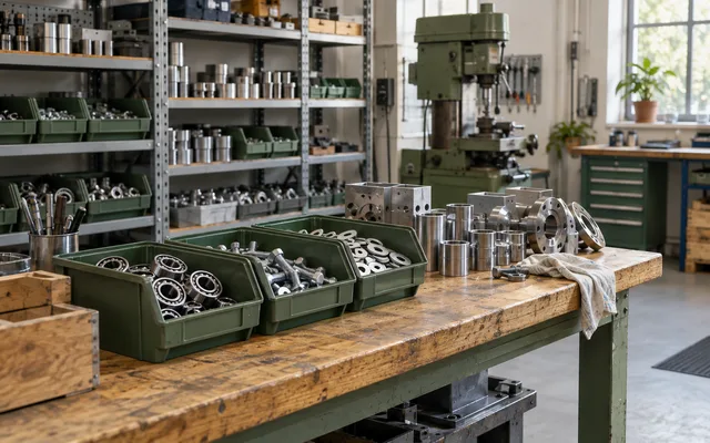 Industriverkstad med komponenter och förbrukningsmaterial i förrådet.