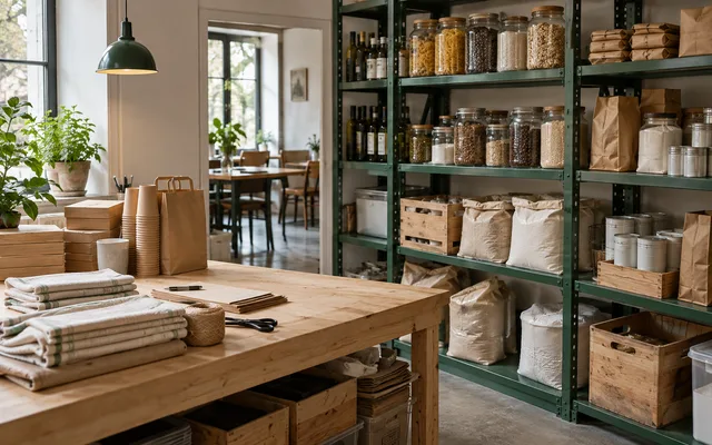 Förråd för restaurang och café med köksutrustning och förbrukningsvaror.
